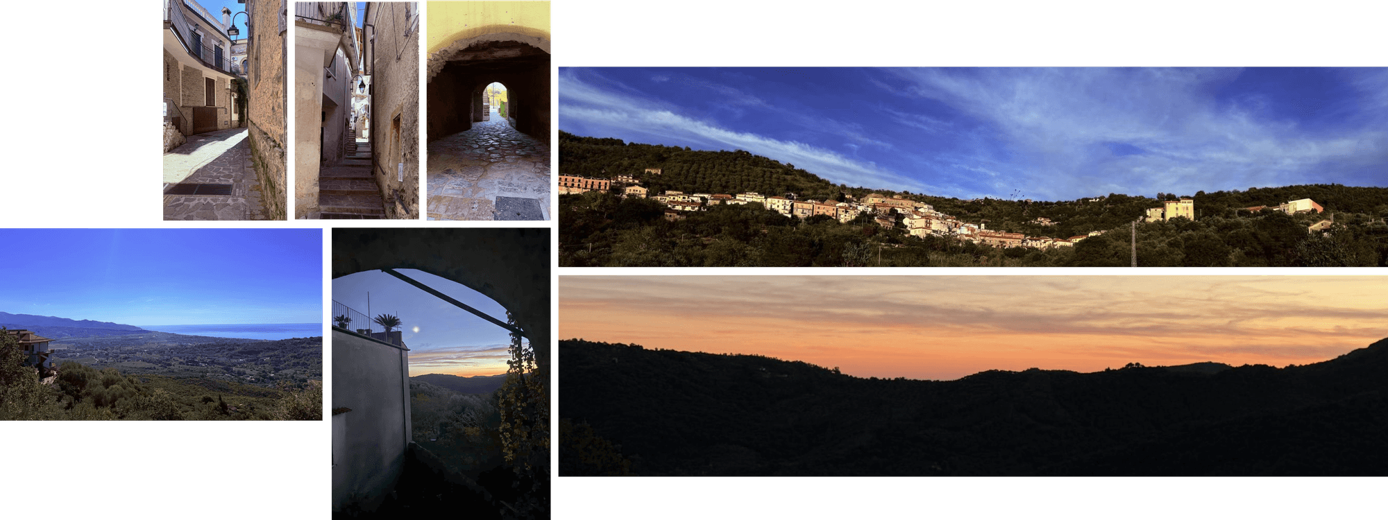 Acquavella: vicoli, archi e scale del borgo, la vista sul mare del Cilento, il paese sulla collina, la luna sotto l’arco e il tramonto sulle colline
