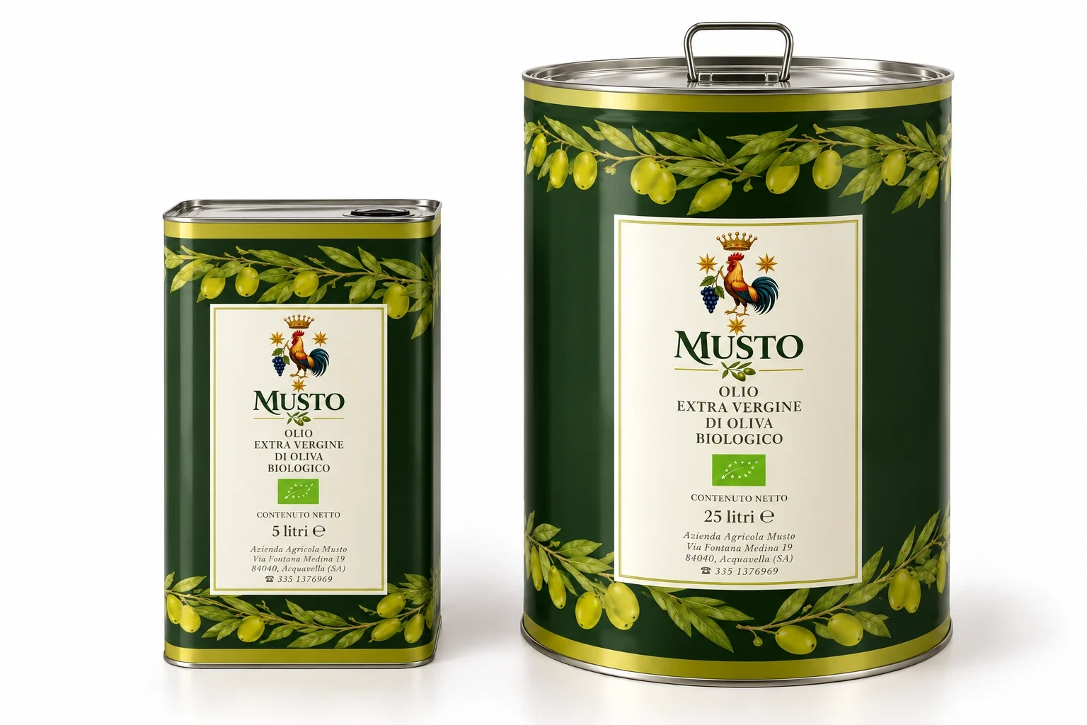 Musto organic extra virgin olive oil in 5 and 25 litre tins